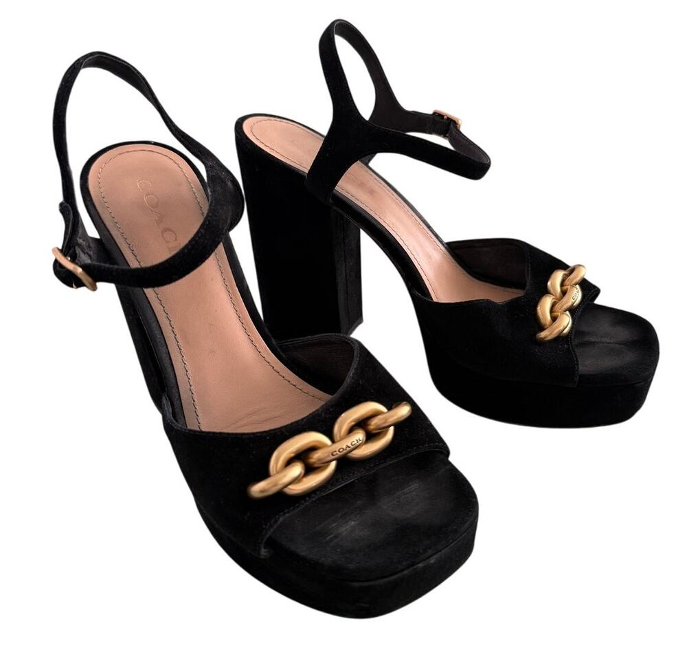 Coach Nicolette Sandal Gold Chain Black Suede Block Heel Platform Size 9.5 Retro